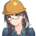  1girl acrylicstroke blu_engineer_(tf2) blue_shirt braid brown_eyes brown_hair closed_mouth collared_shirt commission commissioner_upload cosplay earrings engineer engineer_(tf2) engineer_(tf2)_(cosplay) entropy_(honkai_impact) female_dreamseeker_(honkai_impact) glasses helmet highres honkai_(series) honkai_impact_3rd jewelry long_hair looking_at_viewer non-web_source semi-rimless_eyewear shirt smile solo team_fortress_2 transparent_background upper_body 
