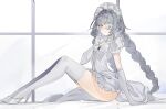  1girl absurdres commentary corset elbow_gloves eyepatch flantia gloves grey_eyes grey_hair high_heels highres legs_together long_hair looking_at_viewer maid_headdress original shoes short_sleeves sitting skirt solo thighhighs thighs white_corset white_gloves white_shoes white_skirt white_thighhighs window 
