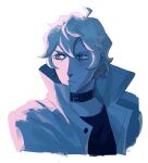  1boy belt_collar black_shirt brand_new_animal coat collar english_commentary hair_between_eyes heterochromia highres ogami_shirou open_clothes open_coat salmonpiffy shirt short_hair simple_background solo white_background 