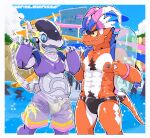 amusement_park ancient_pokemon anthro apex_build_koraidon black_clothing black_nipples black_swimwear body_hair bulge chest_hair clothing duo floatie future_pokemon generation_9_pokemon horn inflatable koraidon legendary_pokemon male miraidon moesouna_gomi nintendo nipples paradox_pokemon pokemon pokemon_(species) pubes public speedo swimming_trunks swimwear tail translucent translucent_clothing translucent_swimwear ultimate_mode_miraidon water_park yellow_clothing yellow_swimwear