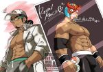  1boy abs absurdres artist_name balo_dqx_ff14 bara black_pants blush bulge character_name coat commentary_request facial_hair glasses goatee grey_pants grin hat highres lab_coat male_focus masked_royal muscular muscular_male navel nipples open_clothes open_coat pants pectorals photo_(object) pokemon pokemon_sm ponytail professor_kukui smile sweatdrop topless_male white_hat 
