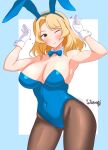  1girl alternate_costume animal_ear_hairband animal_ears black_pantyhose blonde_hair blue_bow blue_bowtie blue_hairband blue_leotard bow bowtie breasts covered_navel detached_collar fake_animal_ears fake_tail gloves hairband highleg highleg_leotard highres houston_(kancolle) kantai_collection large_breasts leotard medium_hair one_eye_closed pantyhose playboy_bunny rabbit_ear_hairband rabbit_ears rabbit_tail smile solo strapless strapless_leotard tail traditional_bowtie white_gloves white_wrist_cuffs wrist_cuffs yatsurugi yellow_eyes 