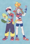  1boy 1girl black_socks blue_background brendan_(pokemon) full_body gloves hat highres holding holding_pokemon jacket looking_up may_(pokemon) mudkip on_head open_mouth pokeblock pokeblock_case pokemon pokemon_(creature) pokemon_on_head pokemon_rse red_jacket red_shirt red_shoes shirt shoes socks torchic treecko white_gloves white_hat yuza 