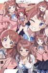 1girl black_overskirt blazer blue_eyes blue_overskirt blue_ribbon blush breasts brown_hair cleavage closed_mouth cropped_jacket gakuen_idolmaster gokugetsu_academy_school_uniform hair_bun hanami_saki hatsuboshi_gakuen_school_uniform highres idolmaster jacket large_breasts long_hair long_sleeves looking_at_viewer neck_ribbon one_eye_closed open_mouth pink_jacket red_hair ribbon school_uniform shirt skirt smile solo two_side_up white_shirt zaofeng 