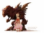  1girl anniversary boots bow cape detached_sleeves dress english_text final_fantasy final_fantasy_vi flat_chest full_body hair_bow high_ponytail holding holding_sword holding_weapon ichi_(pixiv6373491) magitek_armor negative_space pantyhose parted_bangs pink_cape ponytail red_boots red_dress red_sleeves short_dress simple_background solo strapless strapless_dress sword terra_branford weapon wide_shot 