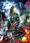  claws cliff cloud electricity full_moon fur fuse_ryuuta glowing highres horns landscape leaf lightning maple_leaf monster monster_hunter monster_hunter_portable_3rd moon mountain nature night no_humans open_mouth scenery sky tail water waterfall zinogre 