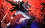 abs anthro arm_wrapping arm_wraps athletic bottomwear canid canine canis cheek_tuft cloak clothing death_(puss_in_boots) dreamworks dual_wielding facial_markings facial_tuft fangs fluffy fluffy_tail fur fuzzy glowing glowing_eyes grey_body grey_fur head_markings head_tuft hi_res high-angle_view holding_object holding_weapon kmn357loudon leg_wrap leg_wraps looking_at_viewer male mammal markings mask_(marking) narrowed_eyes navel neck_tuft on_one_leg open_mouth open_smile pants perspective poncho pose puss_in_boots_(franchise) red_background red_eyes sickle simple_background smile solo standing stylized tail teeth tongue tongue_out torn_clothing tuft weapon weapon_holster wolf wrapped_arms wrapped_legs wraps