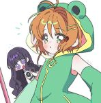  2girls animal_costume antenna_hair artist_name bare_shoulders black_hair blunt_bangs blush brown_hair camcorder camera cardcaptor_sakura cardcaptor_sakura_clear_card_arc daidouji_tomoyo detached_sleeves flying_sweatdrops frog_costume green_eyes green_sleeves grey_outline hair_ornament hairclip highres holding holding_camera hood hood_up kinomoto_sakura kinomoto_sakura_(frog) long_hair multiple_girls open_mouth outline parted_lips purple_eyes short_hair video_camera yalmyu 
