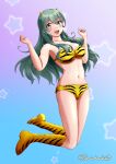  1girl absurdres animal_print bikini breasts cone_horns cosplay fur_bikini green_eyes green_hair hair_between_eyes highres horns jumping kantai_collection long_hair looking_at_viewer lum lum_(cosplay) medium_breasts navel open_mouth print_bikini print_boots round_teeth solo sorairo_haruka strapless strapless_bikini suzuya_(kancolle) swimsuit teeth tiger_print upper_teeth_only urusei_yatsura very_long_hair yellow_bikini 
