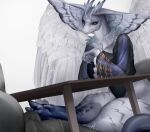 anthro blue_body clothing dominant dominant_anthro dominant_female duo erection erection_under_clothing faceless_character faceless_male feathered_wings feathers feet female foot_fetish foot_on_crotch foot_play footjob furniture hi_res hybrid male male/female nazena_ra reptile scalie sex simple_background sitting snake table tenting under_table under_table_footjob underwear white_background white_body white_feathers wings
