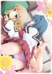  ass bare_legs barefoot blonde_hair blue_hair brown_eyes dress feet furutani_himawari girl_on_top goyacchi hair_ornament hairband hairclip long_hair lying multiple_girls nanamori_school_uniform o3o on_stomach oomuro_sakurako panties pantyshot pink_panties sailor_dress school_uniform serafuku short_hair translation_request underwear yellow_eyes yuru_yuri 