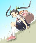  backpack bag bakemonogatari bandaid bandaid_on_knee black_hair brown_eyes from_side full_body grass hachikuji_mayoi knees_up long_hair monogatari_(series) nisemonogatari ohyo sitting solo twintails wind 