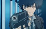  aiming_at_viewer bad_id bad_pixiv_id black_hair brown_eyes cowboy_bebop derivative_work eiji_(europe) emiya_kiritsugu facial_hair fate/zero fate_(series) gun handgun holding holding_gun holding_weapon jericho_941 lens_flare look-alike male_focus solo spike_spiegel stubble weapon 