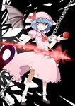  apple bat_wings blue_hair chain dress food fruit hat highres holding holding_food holding_fruit red_eyes remilia_scarlet ribbon short_hair solo spear_the_gungnir touhou wings yutamaro 