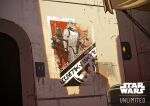  3boys armor aurebesh borja_pindado copyright_name english_text gun highres holding holding_gun holding_weapon multiple_boys poster_(object) propaganda scout_trooper star_wars star_wars:_unlimited stormtrooper weapon white_armor 