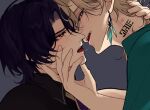  2boys after_kiss aventurine_(honkai:_star_rail) black_shirt blonde_hair blue_hair collared_shirt curtained_hair dr._ratio_(honkai:_star_rail) earrings eye_contact eyelashes fingernails green_shirt grey_background hand_on_another&#039;s_face hand_on_another&#039;s_neck honkai:_star_rail honkai_(series) jewelry looking_at_another male_focus multicolored_eyes multiple_boys neck_tattoo open_mouth piercing pink_eyes profile rimeaari saliva saliva_trail shirt short_hair simple_background tattoo teeth tongue tongue_out upper_body upper_teeth_only wing_collar yaoi 
