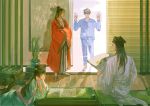  1girl 3boys alternate_universe bamboo_print barefoot black_eyes black_hair black_hanfu black_hat black_shoes blue_pants blue_shirt board_game brown_hair chess chessboard chinese_clothes chinese_commentary closed_mouth coat collared_shirt crossed_arms dao_gui_yi_xian day dress dual_persona fishandwine flower folding_fan full_body go_(board_game) green_dress green_hanfu hair_bun hair_flower hair_ornament hand_fan hand_fan_writing hand_on_window hands_on_own_face hands_up hanfu hanging_scroll hat highres holding holding_fan hospital_gown indoors jin_(headwear) li_huowang li_huowang_(modern_world) li_sui_(princess_anping) long_hair long_sleeves looking_at_another looking_at_object lying male_focus monster_girl multiple_boys official_alternate_costume official_alternate_hair_length official_alternate_hairstyle on_stomach pants paper_fan parted_lips plant potted_plant profile red_coat robe scroll shadow shawl shirt shoes short_hair single_hair_bun sitting sliding_doors smile standing striped_clothes striped_pants striped_shirt sunlight table tentacles vertical-striped_clothes vertical-striped_pants vertical-striped_shirt watercolor_effect white_hanfu wide_sleeves window wooden_floor zhouzi_jin_(headwear) zhuge_yuan 