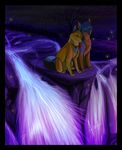  ambiguous_gender arthropod blue_fur brown_fur canine collar dog duo feral fireflies firefly fox fur insect mammal night rocks scenery smile vengefulspirits water water_fall waterfall 