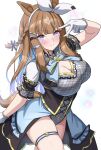  1girl adapted_costume almond_eye_(umamusume) animal_ears black_corset blue_bow blue_bowtie blue_eyes blue_hair blue_overskirt blush bow bowtie braid breasts brown_hair cleavage cleavage_cutout closed_mouth clothing_cutout colored_inner_hair commentary_request corset cowboy_shot cross-shaped_pupils frilled_leotard frills gloves gold_trim grey_leotard hair_between_eyes hair_bow hair_ornament hand_up highres horse_ears horse_girl horse_tail kibihimi large_breasts leotard looking_at_viewer multicolored_hair plaid_clothes plaid_leotard short_sleeves showgirl_skirt side_braid simple_background skindentation smile solo symbol-shaped_pupils tail thigh_strap thighs too_many_hair_ornaments trailblazer_bash!_(umamusume) twintails umamusume v v_over_eye white_background white_gloves 