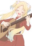  1girl :d absurdres acoustic_guitar blonde_hair blue_hair blush brown_dress closed_eyes cowboy_shot curtained_hair dress facing_viewer fang flower gradient_hair guitar hair_flower hair_ornament hasu_no_sora_school_uniform highres instrument link!_like!_love_live! long_sleeves love_live! morio_(mmorio_mu) multicolored_hair music open_mouth osawa_rurino pink_flower playing_guitar playing_instrument pleated_dress sailor_collar sailor_dress school_uniform simple_background smile solo twintails u_u virtual_youtuber white_background white_sailor_collar winter_uniform 