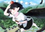  1girl :d absurdres black_feathers black_ribbon black_skirt black_wings breasts collared_shirt commentary_request falling_feathers feathered_wings feathers frilled_skirt frills geta hat highres kneehighs medium_breasts neck_ribbon pointy_ears pom_pom_(clothes) puffy_short_sleeves puffy_sleeves red_eyes red_hat ribbon shameimaru_aya shirt short_hair short_sleeves skirt smile socks tassel teeth tengu-geta tokin_hat touhou upper_teeth_only white_shirt white_socks wings yuwayuwano0909 