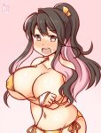 1girl alternate_hairstyle artist_logo bikini black_hair colored_inner_hair dated gold_bikini gradient_background kanon_(kurogane_knights) kantai_collection logo long_hair multicolored_hair naganami_(kancolle) one-hour_drawing_challenge open_mouth pink_background pink_hair ponytail round_teeth side-tie_bikini_bottom solo swimsuit teeth two-tone_hair upper_body upper_teeth_only wavy_hair 