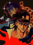  3boys beard black_hat blue_shirt brown_hair chain commentary earrings facial_hair gakuran gold_chain green_eyes grey_hair hat high_collar highres jewelry jojo_no_kimyou_na_bouken joseph_joestar joseph_joestar_(old) kakyoin_noriaki kepi kujo_jotaro male_focus military_hat multiple_boys parted_lips school_uniform shirt sparkle stardust_crusaders stardust_crusaders_(ova) stud_earrings worker_17287 