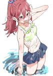  1girl absurdres ahoge bikini bikini_under_clothes black_skirt collarbone green_bikini hair_between_eyes haruyuki_(gffewuoutgblubh) highres idolmaster idolmaster_shiny_colors komiya_kaho long_hair miniskirt open_mouth red_eyes red_hair see-through_clothes shirt skirt sleeveless sleeveless_shirt smile solo swimsuit water wet wet_clothes wet_shirt white_shirt 