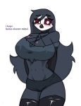 2025 anthro avian avian_demon big_breasts bird blush breasts cleavage clothed clothing digital_drawing_(artwork) digital_media_(artwork) english_text female helluva_boss legwear looking_at_viewer octavia_(helluva_boss) owl owl_demon pace-maker small_waist solo talking_to_self text thick_thighs thigh_highs wide_hips