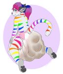  2018 4_toes ambiguous_gender anthro biped blush claws clothed clothing diaper digitigrade domestic_cat feces felid feline felis fur girly hair humanoid_hands hyper hyper_feces long_hair looking_at_viewer looking_back mammal messy_diaper pawpads rear_view scat signature simple_background soiling solo speedhumps striped_fur stripes toe_claws toes topless 
