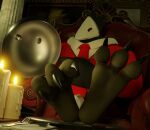 anthro avian avian_feet barefoot candle candlelight claws clothing dbzdr deltarune feet foot_fetish foot_focus foot_on_table furniture light male plantigrade platter soles solo suit swatchling table toe_claws undertale_(series)