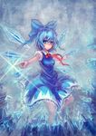  bad_id bad_pixiv_id blue_eyes blue_hair bow breasts cirno dress hair_bow highres ice medium_breasts qin short_hair smile snowflakes solo touhou wings 