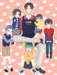  6+boys :d :o :q aged_down ahoge amayado_rei ankle_socks antenna_hair apron aqua_hair bandage_on_knee bent_v black_apron black_hair black_shoes blue_eyes blue_jacket blue_pants blue_shirt blue_shoes blue_shorts blush brothers brown_shorts buster_bros!!! carrying child child_carry closed_eyes clothes_grab collarbone collared_shirt converse curtained_hair dot_nose dotsuitare_hompo dress_shoes family figure_four_sitting frown full_body furrowed_brow green_eyes grey_eyes grey_pants hair_between_eyes hair_slicked_back hand_on_another&#039;s_shoulder hands_on_another&#039;s_leg hands_on_own_knees heterochromia highres hypnosis_mic invisible_chair jacket knees layered_shirt layered_sleeves leaning_on_person legs_together loafers long_sleeves looking_at_another looking_at_viewer looking_to_the_side loose_hair_strand m_legs mole mole_under_eye mole_under_mouth multicolored_hair multiple_boys multiple_moles nurude_sasara orange_socks outline owl_print pants parted_lips partially_unbuttoned patterned_background pink_background plaid_clothes plaid_shirt print_apron purple_hair raised_eyebrows red_eyes red_shirt red_shoes scar scar_across_eye scar_on_face shirt shoes short_hair shorts siblings sitting sleeves_pushed_up smile sneakers socks standing straight-on striped_clothes striped_shirt sweater time_paradox toddler tongue tongue_out tsutsujimori_rosho unamused unmoving_pattern v v-shaped_eyebrows vest waistcoat white_outline white_pants wispy_bangs yamada_ichiro yamada_jiro yamada_saburo yellow_eyes yellow_shirt yellow_sweater yona1030 