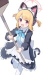  1girl :d absurdres animal_ear_headphones animal_ears apron aqua_bow aqua_bowtie back_bow black_dress black_shoes black_tail blonde_hair blue_archive blunt_bangs blush bow bowtie broom cat_ear_headphones cat_ears cat_tail collared_dress commentary_request contrast_collar dot_nose dress eyes_visible_through_hair fake_animal_ears fake_tail foot_out_of_frame foot_up frilled_apron frilled_dress frills hair_bow halo headphones highres holding holding_broom inedibleparts long_sleeves looking_at_viewer maid maid_apron maid_headdress medium_hair millennium_science_school_logo momoi_(blue_archive) momoi_(maid)_(blue_archive) number_print official_alternate_costume official_alternate_hairstyle open_mouth pantyhose parted_bangs partial_commentary pink_bow pink_eyes pink_halo puffy_long_sleeves puffy_sleeves shoes short_twintails sidelocks simple_background smile solo swept_bangs tail tareme teeth twintails upper_teeth_only v-shaped_eyebrows white_apron white_background white_bow white_headdress white_pantyhose 