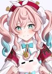 1girl absurdres aqua_bow aqua_bowtie aqua_eyes aqua_hair bow bowtie cheek_pull commentary dress drill_hair english_commentary facing_viewer gradient_hair grin hat highres honkai:_star_rail honkai_(series) hyacine_(honkai:_star_rail) little_ica_(honkai:_star_rail) long_hair looking_at_animal multicolored_hair pink_hair red_dress red_hat simple_background smile solo star_(symbol) star_in_eye symbol_in_eye tbbrian_1 twin_drills upper_body white_background 