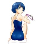  ano_natsu_de_matteru ass back bare_shoulders blue_hair competition_school_swimsuit goggles green_eyes looking_back nagian one-piece_swimsuit open_mouth short_hair sitting solo swimsuit tanigawa_kanna water wet 