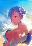  bare_shoulders blue_hair breasts cloud day fin_e_ld_si_laffinty flower hair_flower hair_ornament medium_breasts nipples no_bra open_mouth parted_lips purple_eyes rinne_no_lagrange ritsuki shiny shiny_skin sky solo undressing zipper 