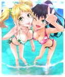  :p ;d alternate_hairstyle armpits bad_id bad_pixiv_id bikini black_hair blonde_hair breast_press breasts cleavage day fang ganaha_hibiki green_eyes hair_ornament hair_scrunchie heart heart_print high_ponytail holding_hands hoshii_miki idolmaster idolmaster_(classic) large_breasts leaning_forward long_hair midriff multiple_girls nail_polish navel ocean one_eye_closed open_mouth ponytail print_bikini sashisu scrunchie side-tie_bikini smile swimsuit tongue tongue_out twintails v wading water 