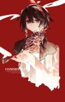 1boy absurdres brown_hair closed_mouth commission english_text highres holding holding_smoking_pipe male_focus monota02 multicolored_hair original red_background red_hair simple_background smile smoking_pipe solo two-tone_hair upper_body 