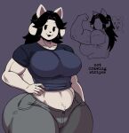 4_ears anthro biceps big_breasts big_butt black_body black_fur black_hair blue_clothing blue_shirt blue_topwear bottomwear breasts butt clothed clothing crop_top crotch_tuft denim denim_bottomwear denim_clothing disembodied_face ephemeralscourg female flexing fully_clothed fur grey_clothing grey_shirt grey_topwear hair hi_res huge_butt jeans messy_hair midriff multi_ear muscular muscular_anthro muscular_arms muscular_female navel pants shirt solo temmie_(species) temmie_(undertale) thick_thighs tight_clothing tight_shirt tight_topwear toony toony_eyes topwear tuft undertale undertale_(series) white_body white_fur