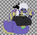 2024 2_horns 5_fingers anthro big_breasts black_clothing black_crop_top black_horn black_shirt black_topwear bracelet breasts checkered checkered_background choker claws clothed clothed_anthro clothed_female clothing countershading crop_top curvy_figure digital_media_(artwork) dragon eyelashes eyewear female finger_claws fingers fizlok front_view gesture glasses green_clothing green_eyewear green_glasses green_underwear hair hand_behind_back hand_gesture horn huge_breasts jewelry lidded_eyes looking_at_viewer membrane_(anatomy) membranous_wings mouth_closed mythological_creature mythological_scalie mythology narrowed_eyes necklace overweight overweight_anthro overweight_female pattern_background pixel_(artwork) portrait purple_body purple_tail red_eyes round_glasses scalie shirt simple_background skull_accessory skull_choker spiked_bracelet spikes tail thick_tail thick_thighs three-quarter_portrait topwear two_tone_tail underwear v_sign voluptuous voluptuous_anthro voluptuous_female wearing_glasses white_hair wings yellow_body yellow_countershading yellow_sclera