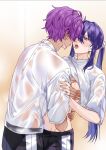  2boys arm_around_waist black_shorts clothes_lift cowboy_shot dark-skinned_male dark_skin double-parted_bangs drooling ensemble_stars! groin gym_shorts gym_uniform hair_between_eyes hair_intakes half-closed_eyes hand_on_another&#039;s_arm hand_on_another&#039;s_waist hug imminent_kiss kanzaki_souma long_hair looking_at_another male_focus motoyui multiple_boys nancy980216 navel nipples otogari_adonis pectoral_grab purple_eyes raised_eyebrows saliva saliva_trail see-through_clothes see-through_shirt shirt shirt_lift short_hair short_sleeves shorts showering sidelocks stomach sweat t-shirt tearing_up teeth tongue tongue_out upper_teeth_only very_long_hair wet wet_clothes wet_hair wet_shirt white_shirt yaoi yellow_background 