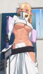  1girl alternate_costume belt black_belt bleach blonde_hair blush breasts commentary_request cosplay covered_mouth cropped_jacket dark-skinned_female dark_elf dark_skin elf highres hip_vent holding holding_sword holding_weapon hololive indoors jacket large_breasts long_hair looking_at_viewer multicolored_hair navel notice_lines orange_eyes pointy_ears revealing_clothes shiranui_flare shirt_overhang solo stomach streaked_hair sweat sword tier_harribel tier_harribel_(cosplay) underboob uzuradobin virtual_youtuber weapon white_hair white_jacket window zanpakutou 