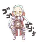  1girl armor blue_hair blush boots brown_skirt commentary_request flask forehead full_body genetic_(ragnarok_online) grey_thighhighs hand_over_face long_hair looking_at_viewer low_twintails menacing_(jojo) miniskirt navel pauldrons porinu potion ragnarok_online round-bottom_flask shoulder_armor simple_background skirt solo teeth thighhighs twintails v-shaped_eyebrows white_background white_boots yellow_eyes 