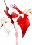  aestus_estus ahoge bad_id bad_pixiv_id blonde_hair breasts bthx cleavage dress epaulettes fate/extra fate_(series) greaves green_eyes hair_ribbon highres leotard medium_breasts nero_claudius_(fate) nero_claudius_(fate)_(all) ribbon single_greave single_thighhigh slime solo suggestive_fluid thighhighs 