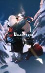  2boys absurdres armor back black_shorts blue_jacket boots gloves highres hug jacket kneeling male_focus multiple_boys papyrus_(undertale) red_boots red_gloves red_scarf sans_(undertale) scarf shorts skeleton snow tree undertale watashida white_armor 