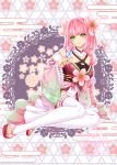  1girl bare_shoulders breasts bug butterfly butterfly_on_hand cleavage closed_mouth detached_sleeves egasumi flower hair_flower hair_ornament hiyo_(monstarpinkcat) japanese_clothes kimono long_hair looking_at_viewer patterned_background pink_flower pink_hair rune_factory rune_factory:_guardians_of_azuma sandals see-through_cleavage see-through_clothes short_kimono sitting smile solo thighhighs toeless_legwear ulalaka very_long_hair white_thighhighs yokozuwari 