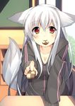  animal_ears bad_id bad_pixiv_id blush breasts chalkboard checkerboard_cookie classroom cleavage cookie desk food food_in_mouth fox_ears fox_tail hood hood_down hoodie indoors long_hair medium_breasts mouth_hold original oruto_(ort+) red_eyes shi-chan_(oruton) silver_hair smile solo tail window 