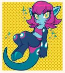  1girl blue_skin border colored_skin duna_(fossil_fighters) fossil_fighters highres looking_at_viewer medium_hair mintysaurs outside_border patterned_background pink_hair pointy_ears solo tail white_border yellow_background yellow_eyes 