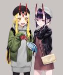  2girls alternate_costume backpack bag bespectacled bob_cut facial_mark fate/grand_order fate_(series) fingernails forehead_mark glasses handbag hood hoodie horns ibaraki_douji_(fate/grand_order) jacket multiple_girls nakuta oni_horns pantyhose pointy_ears purple_eyes purple_hair sharp_fingernails short_hair shuten_douji_(fate/grand_order) simple_background sweater teeth yellow_eyes 